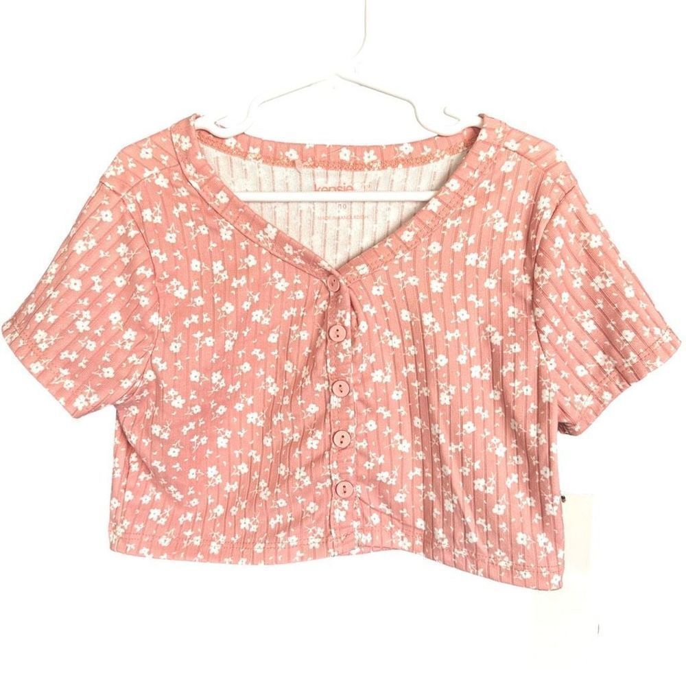 NWT Kensie Girls Floral Ribbed Button Up Short Sleeve Blouse